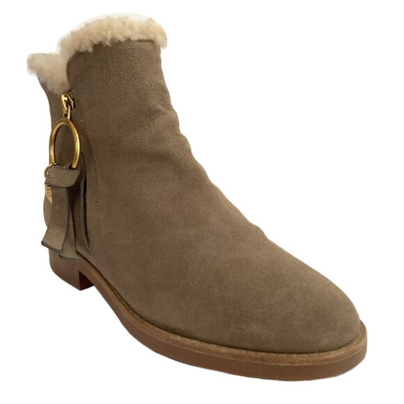 See by Chloe Bootie Women Size 5M Taupe Suede Louise Lined Gold Ring Round Toe